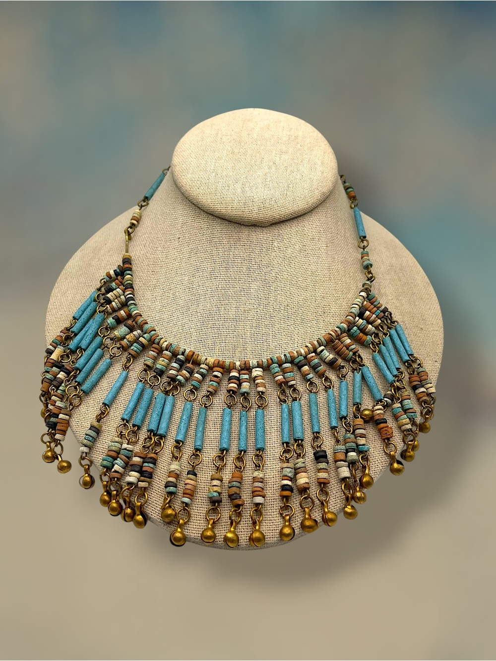 Egyptian Revival Faience Bead Collar Necklace Brass Fringe Boho Statement Vtg